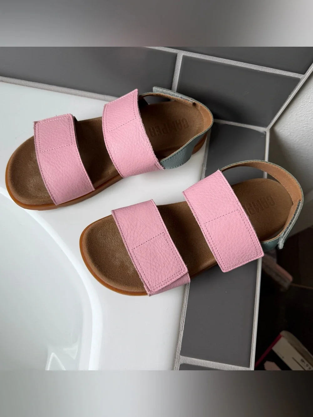 Camper Kids Pink and Green Adjustable Strap Sandals